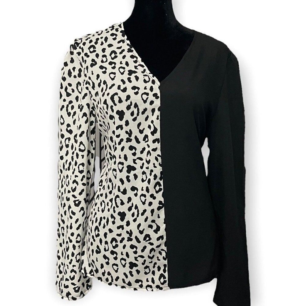 Shein Black White Animal Print Colorblock Blouse US SIZE 6 Casual Long Sleeve